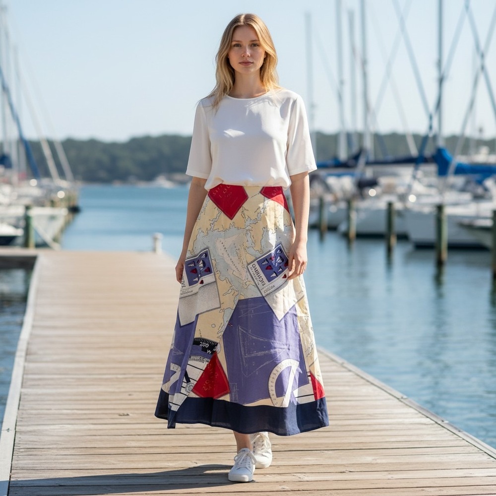 Lauren Ralph Lauren Women Skirt 6 Multicolor Silk Nautical Map Maxi CoastalWrap